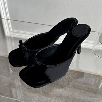 xajzpa Summer Fashion Butterfly-knot Satin Women Slipper Slip On Ladies Sandal Thin High Heel Outdoor Dress Slides Shoes